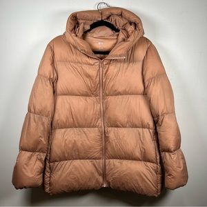 Uniqlo Ultra Light Down Cocoon Parka Jacket Sz Large Tan Camel